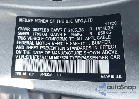 2021 Honda Civic Sport z USA, uszkodzony, nr VIN SHHFK7H41MU407626